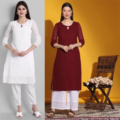 anushansa Women Chikan Embroidery A-line Kurta(White, Maroon)