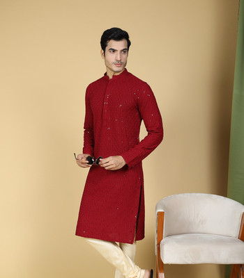 sultan Men Chikan Embroidery Straight Kurta(Maroon)