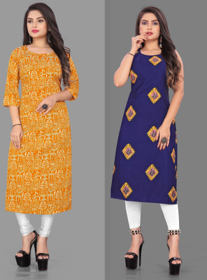 maruti fab Women Printed Straight Kurta(Blue, Yellow)