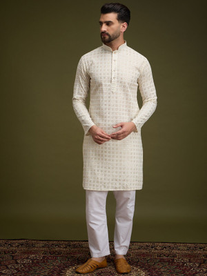 ANOUK Men Floral Print Straight Kurta(White)