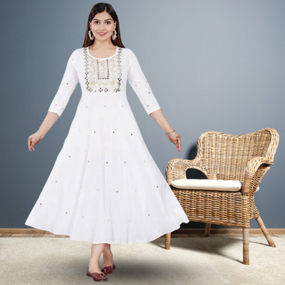 Sree Guru Enterprise Women Embellished, Embroidered, Chikan Embroidery Anarkali Kurta(White)