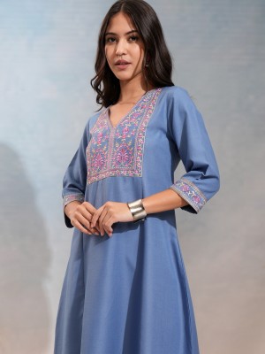 Vishudh Women Embroidered A-line Kurta(Blue)