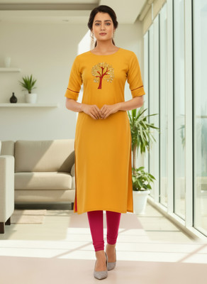radha fashion studio Women Solid A-line Kurta(Yellow, Red)