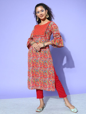all about you Women Printed A-line Kurta(Orange)