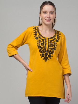 ASAD GARMENTS Women Chikan Embroidery Straight Kurta(Yellow, Black)