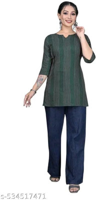 Db Fashion Cl Women Striped Flared Kurta(Green, Grey)