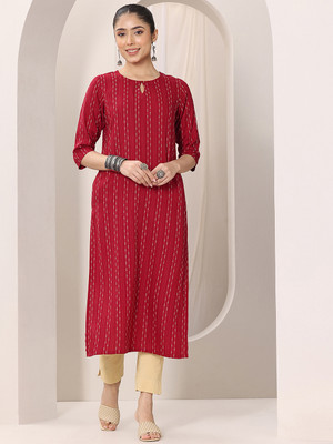 LIBAS Women Striped Straight Kurta(Red)