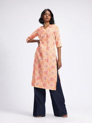 Anouk Rustic Women Floral Print Straight Kurta(Pink)