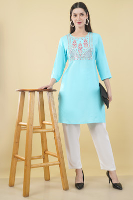 Parth Creation Women Embroidered A-line Kurta(Light Blue)