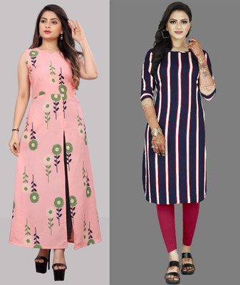 Hiral Creation Women Striped, Printed A-line Kurta(Pink, Purple)