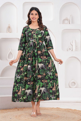 VASTRAM Women Floral Print, Printed A-line Kurta(Green)