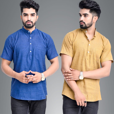 QuaClo Men Solid Straight Kurta(Dark Blue, Beige)