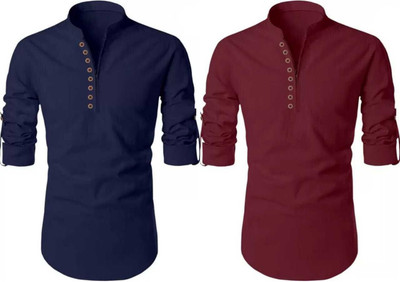 GUYS HUBB Men Solid Straight Kurta(Blue, Maroon)