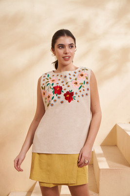 Bolkii Casual Embroidered Women Beige Top