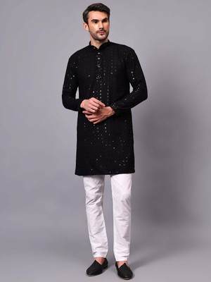 FireFish Men Chikan Embroidery A-line Kurta(Black)