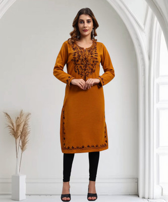 DRESSBASE Women Embroidered, Woven Design Straight Kurta(Orange)