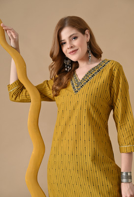 BKApparels Women Embroidered Straight Kurta(Yellow)