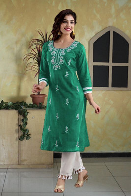 SISTO Women Chikan Embroidery Straight Kurta(Green)