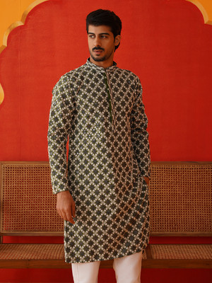 Jompers Men Printed Straight Kurta(Dark Green)