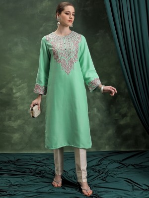 Vishudh Women Embroidered Straight Kurta(Green)