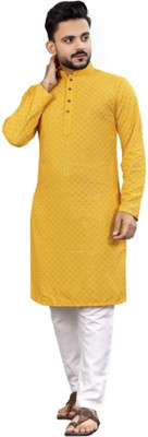 SiRaj Men Chikan Embroidery Straight Kurta(Yellow)