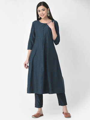 Span Women Self Design A-line Kurta(Dark Blue, Blue)