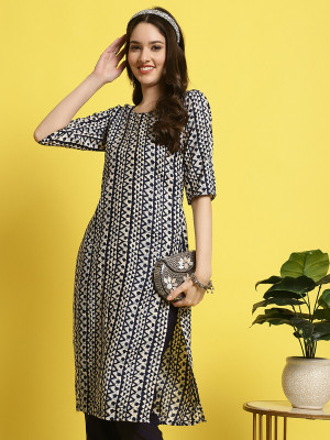EthnicBasket Women Printed Straight Kurta(Dark Blue)