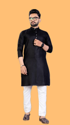 HouseOfCommon Men Solid A-line Kurta(Black)