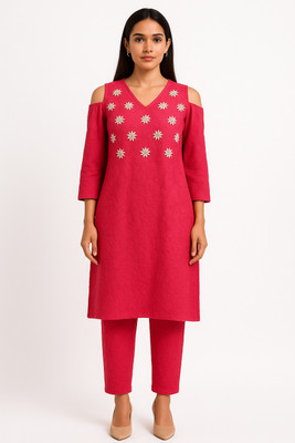 Cloth Stories Women Embroidered, Self Design Straight Kurta(Red)