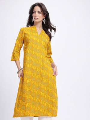 Anouk Rustic Women Floral Print A-line Kurta(Yellow)