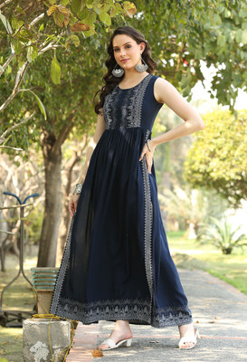 dimonsher Women Printed Flared Kurta(Dark Blue)