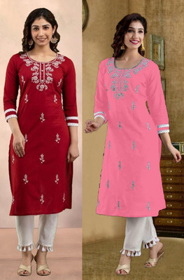 SISTO Women Chikan Embroidery Straight Kurta(Multicolor)