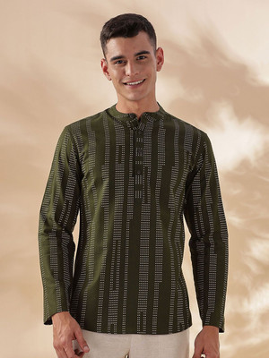 ANOUK Men Striped Straight Kurta(Dark Green)