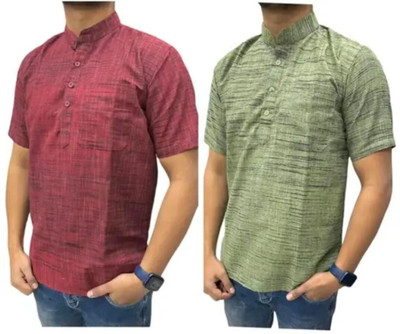 COTTONFEB Men Self Design Straight Kurta(Maroon, Green)