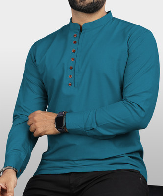 VTEXX Men Solid Straight Kurta(Blue)