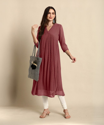 Janasya Women Woven Design Flared Kurta(Maroon)
