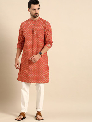 ANOUK Men Geometric Print Straight Kurta(Orange)