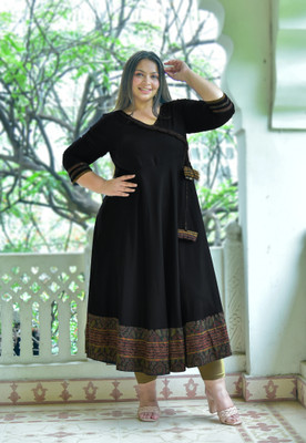 Yash Gallery Women Printed Anarkali Kurta(Black)