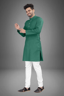 click n buy Men Solid Straight Kurta(Dark Green)