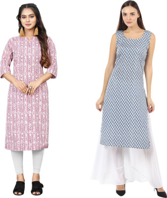 KAUTAQI Women Striped, Printed Straight Kurta(Multicolor)