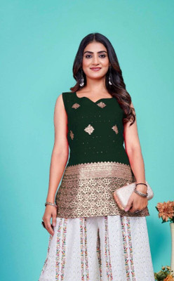 J4 Fab Women Embroidered, Woven Design Straight Kurta(Dark Green)