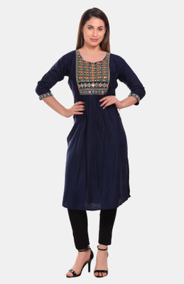 kritya Women Embroidered Straight Kurta(Dark Blue)