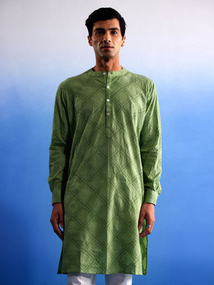 VASTRAMAY Men Self Design, Woven Design Straight Kurta(Green)