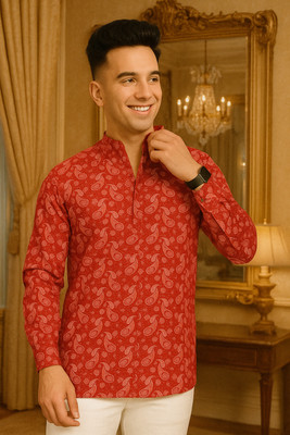 S-LINE Men Printed Straight Kurta(Red)