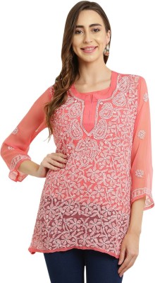 FAWOMENT Women Chikan Embroidery Straight Kurta(Pink)