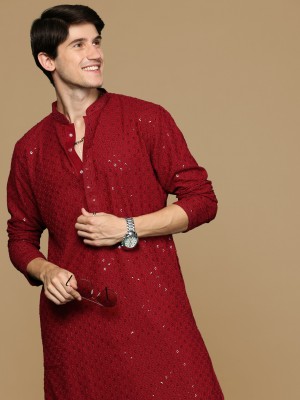 Sanwara Men Chikan Embroidery Straight Kurta(Maroon)