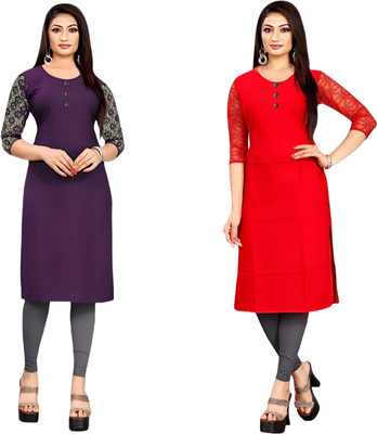 HOFC Women Solid Straight Kurta(Purple, Red)