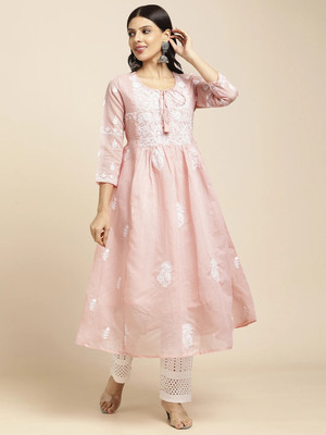 RATAN Women Chikan Embroidery Flared Kurta(Pink)