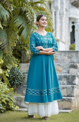 AKIKO Women Floral Print Flared Kurta(Light Blue)