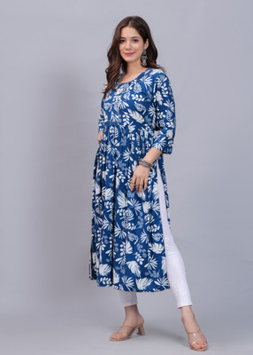 Mahruchi Textile Women Block Print Flared Kurta(Blue)